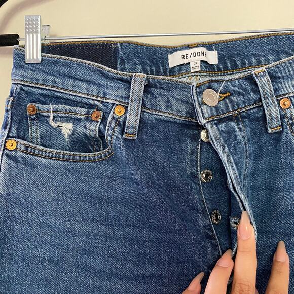 Re/Done 90s High Rise Ankle Crop Dark Wash Raw Hem Denim Jeans sz 29 - Picture 2 of 8